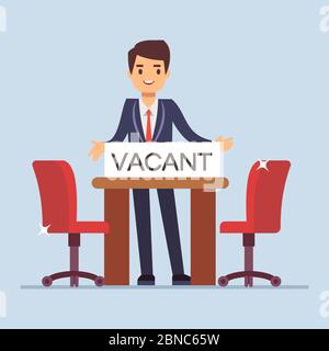 Zwei leere Stühle. Flacher Charakter Geschäftsmann lädt zu einem Interview. Vektorgrafik Stock Vektor