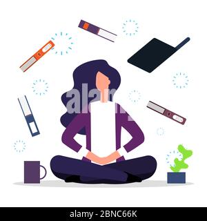 Büromeditation. Vektorgrafik Konzentration am Arbeitsbereich. Geschäftsfrau Meditation über Arbeit Stock Vektor