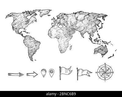 Skizzierte Stil Weltkarte und Navigationselemente Vektor-Illustration isoliert auf weiß Stock Vektor