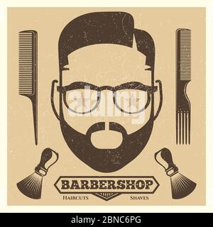 Vintage Barbershop Poster Vorlage. Modischer Hipster-Print oder Hintergrund mit männlichem Kopf Stock Vektor
