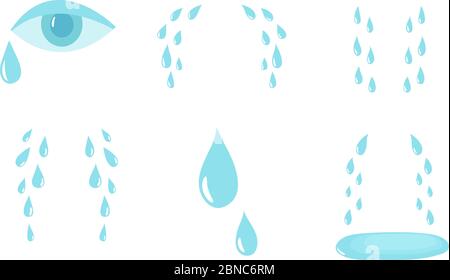 Cartoon Tränen. Weinen und Schweißtropfen. Weinende Tränen, Tröpfchen aus Augen Vektor isoliert Set. Illustration von Tropfen Träne und Weinen Trauer und Traurigkeit Stock Vektor