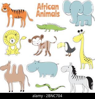 Doodle Animals. Afrikanische Baby Tier Löwe, Affe und Krokodil, Elefant und Giraffe, Zebra und Nilpferd Vektor-Zeichen. Illustration von Nilpferd und Krokodil, Alligator african, Giraffe afrika Stock Vektor