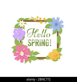 Frühling Blumen Hintergrund. Wunderschöne Postkarte mit Blumenmuster. Frühling und Sommer Pflanzen Einladung Karte Vektor Vorlage. Hallo Frühling, blütenfarbige Blumen Illustration Stock Vektor