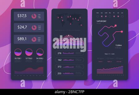 Benutzeroberfläche der Fitness-App. Telefon-Dashboards mit Diagrammen, Diagrammen und Navigationskarten. Smartphone-Anwendung Bildschirme Vektor-Design. Sport Run Navigation Smartphone, Benutzeroberfläche Dashboard Kalender Illustration Stock Vektor