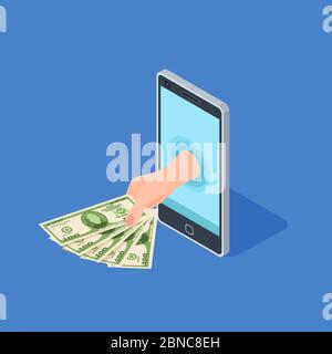 Smartphone Online Banking Vektor-Konzept. Hand halten Geld - isometrisches Banking-Design. Illustration des mobilen Bankings, Hand mit Banknotenbargeld Stock Vektor