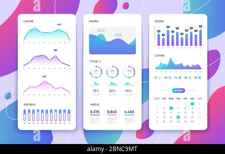 Benutzeroberfläche für Mobiltelefone. Bedienfeld mit Statistik-Diagramme, Diagramme Kalender. Jahresdiagramme des Marktes. Vektorvorlagen für Telefon-Apps. Handy-ui, Grafik und Diagramm Statistik Illustration Stock Vektor