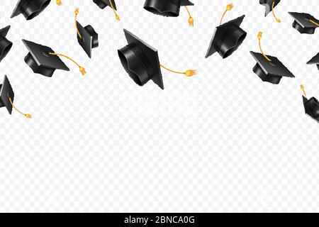 Graduate Caps fliegen. Schwarze akademische Hüte in der Luft. Bildung isoliert Vektor-Konzept. Beenden Sie Hochschulbildung, Graduierung Schule Illustration Stock Vektor