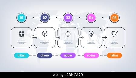 Business-Flussdiagramm. Zeitleiste mit Meilensteinschritten, Pesentation History Chart. Infografik optionales Vektordiagramm auf Weltkarte. Abbildung des infographischen Prozessschritts, Zeitplandiagramm Stock Vektor