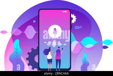 Konzept für Sprachunterstützung. Sprachgesteuerter intelligenter Lautsprecher für zu Hause und Vektorgrafik für Sprachassistenten. Assistenzsteuerung zu Hause mit App Assistant Voice Stock Vektor