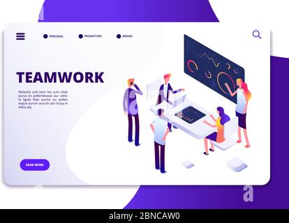 Teamwork isometrische Landing Page. Cartoon Geschäftsleute arbeiten am Schreibtisch mit Computern. Vektorkonzept für Business Workspace. Illustration der Teamarbeit Seite und 3d-Team-Charaktere Stock Vektor