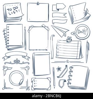 Skizzenelemente des Aufzählungsjournals. Notizbuch, Girly Tagebuch und Papier Rahmen. Handgezeichnete Vintage-Etiketten und Banner. Vector Doodle Set aus Copybook und Notizbuch Papier Illustration Stock Vektor