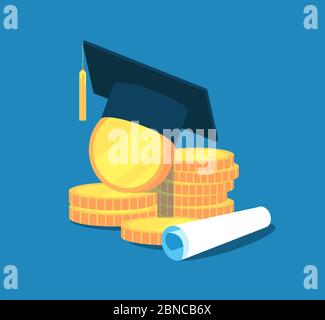 Bildungsgeld. College Studienabschluss, Stipendium Bildung Investitionen. Goldmünzen, akademisches Cap Diplom. Vektorkonzept der Investition in Bildung und Graduierung, akademische Cap Illustration Stock Vektor