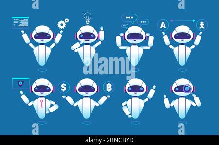 Chatbot-Zeichen. Niedlichen Roboter online Chat Roboter in verschiedenen Posen. Chatterbot Vektor isolierter Satz. Virtueller Roboter und Chatterbot, Chatbot Online-Service Illustration Stock Vektor