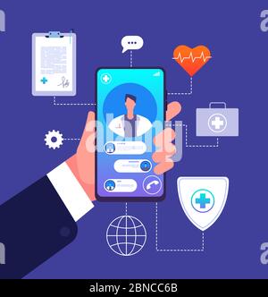 Online Arzt Konzept. Medizin Handy App. Arzt Berater Ratschläge auf Smartphone-Bildschirm. Telemedizinische Vektordarstellung. Online-Medizin Beratung, Pflege und Diagnose Stock Vektor