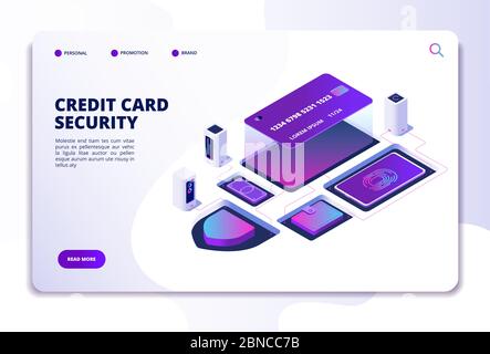 Isometrisches Konzept für die Sicherheit von Kreditkarten. Online-Banküberweisung mit Sicherheitsgeld. Smartphone-Zahlungstechnologie Landing Page Vektor-Design. Abbildung der Sicherheits- und Schutzkreditkarte Stock Vektor