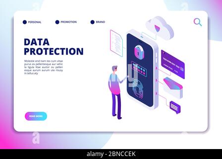 Isometrisches Datenschutzkonzept. Persönliche Identität, geschützte Dokumente Finanzsicherheit. Vertrauliche Zielseite für Geschäftsvektoren. Persönliche Illustration zum Schutz und zum Schutz der Privatsphäre Stock Vektor