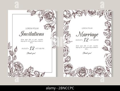 Roses Wedding Einladung. Hand gezeichnete florale elegante Vintage-Karte mit Rosenrahmen im viktorianischen Gravurstil. Illustration der Hochzeitseinladung, Heiratsdatum Poster Stock Vektor