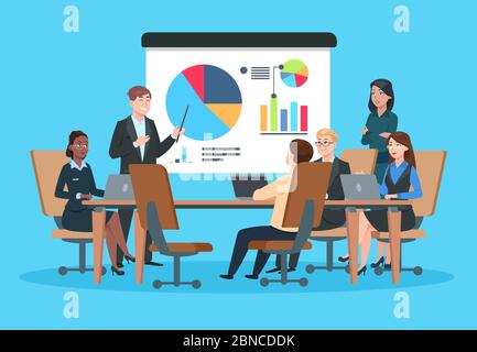 Geschäftstreffen. Flache Leute auf Präsentations-Konferenz. Businessman at Projekt Strategie Infografik. Team Seminar Vektor Konzept. Illustration des Konferenzseminars, Businessman Präsentation Stock Vektor