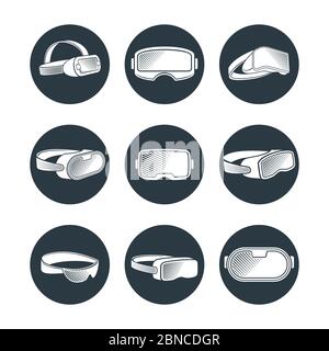 Virtual Reality Brille und Helme Vektor-Symbole gesetzt. Illustration von vr Gerät, virtuellen Helm für Cyberspace-Spiel Stock Vektor