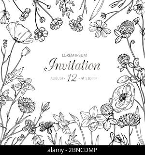 Hintergrund der Wildblumen. Hochzeitseinladung mit Sommer Wildwiesenblumen. Frühling floral retro Skizze Vektor-Karte. Blume Wiese Frühling, Blumeneinladungskarte Illustration Stock Vektor