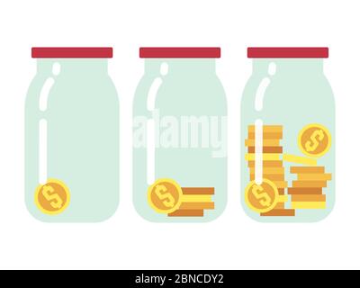 Schritt für Schritt sparen Geld flache Vektor-Illustration. Spargeld in Glas Bank Stock Vektor