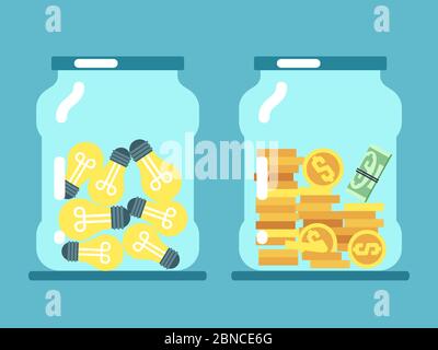 Geld und Ideen sparen. Münzen und Lampen in Glasgefäßen Vektor-Illustration. Finanzmittel und Idee in Glasbanken Stock Vektor
