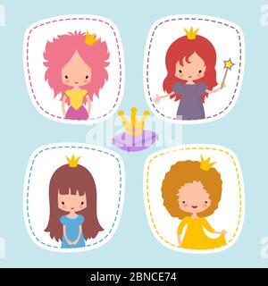 Niedliche kleine Prinzessin Sticker oder Avatare Vektor-Set. Illustration von Prinzessin Mädchen Charakter mit Krone Stock Vektor