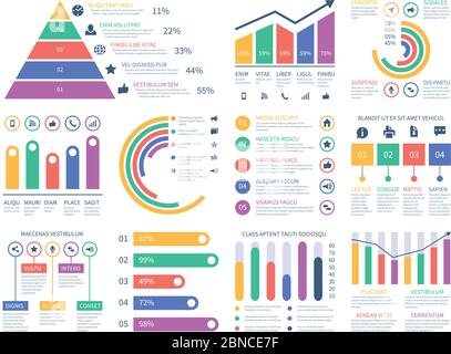 Analyse von Infografiken. Datengrafik, Marketingdiagramm. Budget-Histogramm. Statistische Infografiken. Illustration des Visualisierungsdiagramms, Infografik statistischer Flussdiagramm Stock Vektor