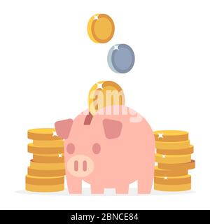 Sparschwein und Münzen. Vektorkonzept mit flacher Sparmöglichkeit. Illustration von Geldbox und Sparschwein mit Geldmünzen Stock Vektor