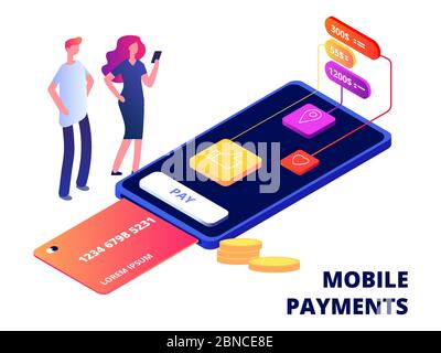 Mobile Zahlungen. Smartphone Banking App, Datenschutz und Sicherheitsgeräte Vektorgrafik. Smartphone-Zahlungs-App, Pay-Banking Stock Vektor