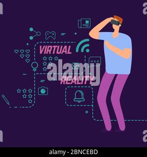 Virtual Reality Vektor-Konzept mit Linie Social Icons und Cartoon-Charakter Junge. Unterhaltung Gaming, Innovation Erlebnis Illustration Stock Vektor