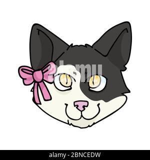 Nette Cartoon japanische Bobtail Kitten Gesicht mit rosa Bogen Vektor Clipart. Ahnenkätzchen Rasse für Katzenliebhaber. Reinrassige Calico Hauskatze für Haustier Stock Vektor