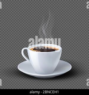 Weiße realistische Kaffeetasse mit Rauch isoliert auf transparentem Hintergrund. Kaffeebecher Getränk, Café Frühstück Illustration Stock Vektor