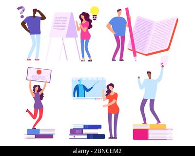 Internationale Menschen, Studenten erhalten Ausbildung aus Büchern und Online-Kurse Vektorgrafik. Student Ausbildung Kurs, Menschen Online-Studie Stock Vektor