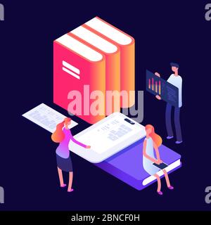 Online und Selbstbildung Vektor-Konzept mit Büchern und Menschen. Bildung und Studium mit E-Book, Online-Unterricht Illustration Stock Vektor