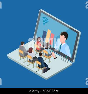Online-Ausbildung oder Business-Training isometrischen Vektor-Konzept. Aus- und Weiterbildung mit Technik, Studium Lernillustration Stock Vektor