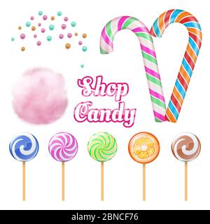 Vector realistische Süßigkeiten - Baumwolle candie und Lollipops isoliert auf weißem Hintergrund. Spiralen Lollipop und Watte, farbige gestreifte Twist Illustration Stock Vektor