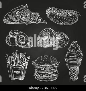 Hand gezeichnet beliebte Fast Food auf Tafel Vektor Illustration. Fast Food-Menü Tafel, Sandwich und Snack Stock Vektor