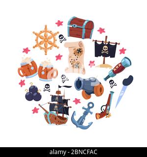 Piraten Vektor-Elemente Vektorkonzept mit Schiff, Flagge, Waffe, Karte. Illustration von Piraten nautisch, Anker und Rum, Pistole und Spyglass Stock Vektor