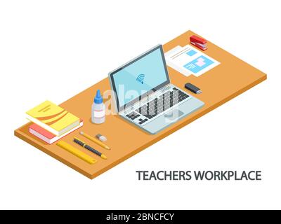 Illustration der modernen Lehrer Arbeitsplatz isometrische Vektor-Design. Lehrer Arbeitstisch und Arbeitsplatz schreibtisch 3d Stock Vektor