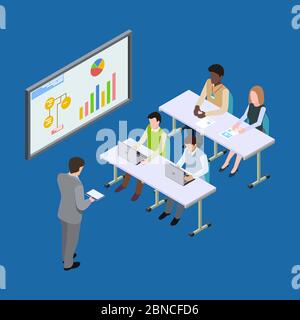 Isometrische Präsentation im Wirtschaftsforum, Wirtschaftslektion oder Business Conference Vektorkonzept. Illustration der Konferenzpräsentation isometrisch, Training Corporate Team Stock Vektor