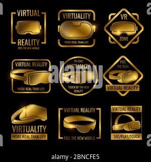 Golden Virtual Reality Brille und Helme Label Design. Vector vr Logo Zone, Gerät für virtuelle Cyberspace Illustration Stock Vektor