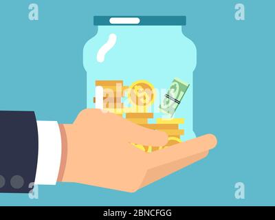 Glas mit Geld in der Hand. Geld sparen flaches Vektorkonzept. Illustration von Geld in Glas Stock Vektor