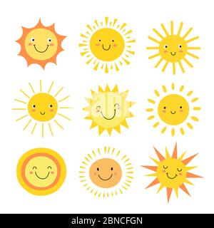 Sun Emoji. Lustige Sommer Sonnenschein, Sonne Baby glücklich Morgen Emoticons. Cartoon sonnig lächelnde Gesichter Vektor-Symbole. Illustration von Sonne Wärme, Emoji und Emotion Maskottchen Stock Vektor