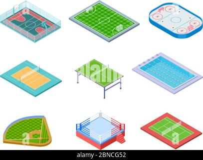 Sportfelder isometrisch. Sport Spielplätze Handball Fußball Wasserbereich Baseball Volleyball Tennis Hockey 3d Vektor-Set isoliert. Illustration von Hockey und Fußball, Tennis und Basketballplatz Stock Vektor