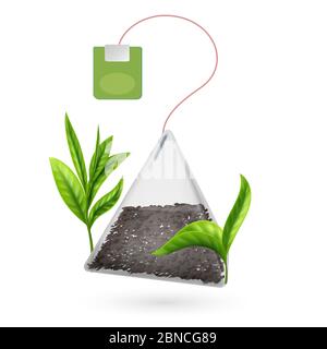 Realistische Vektor Teebeutel Pyramide mit Teeblättern isoliert auf weißem Hintergrund. Vektor aromatischer Teebeutel für Heißgetränke Illustration Stock Vektor
