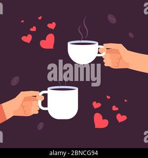 Kaffeeliebhaber Vektor-Konzept, Hände mit Kaffeetassen und Herzen. Illustration von Kaffee trinken in Händen paar Stock Vektor