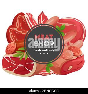 Meat Shop Emblem Design mit verschiedenen Fleischprodukten Vektor-Illustration isoliert auf weißem Hintergrund Stock Vektor