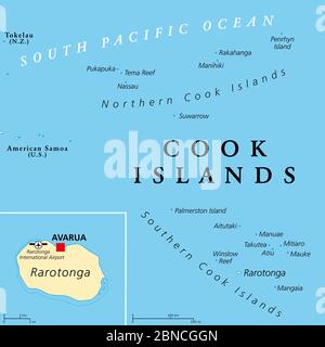 Cook Islands politische Karte mit der Hauptstadt Avarua. Selbstverwaltendes Inselland im Südpazifik in freier Verbindung mit Neuseeland. Stockfoto