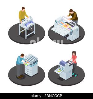 Isometrische Druckhaus Icons Konzept mit digitalen rotierenden Großformat-und Offset-Produktion Arten Vektorgrafik. Isometrische Druckindustrie Stock Vektor